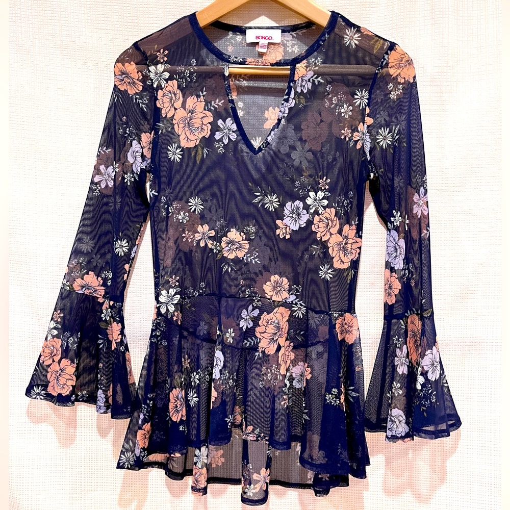 Vintage y2k Bongo Floral Mesh Sheer Top Fairycore Bell Sleeve Flare Whimsigoth